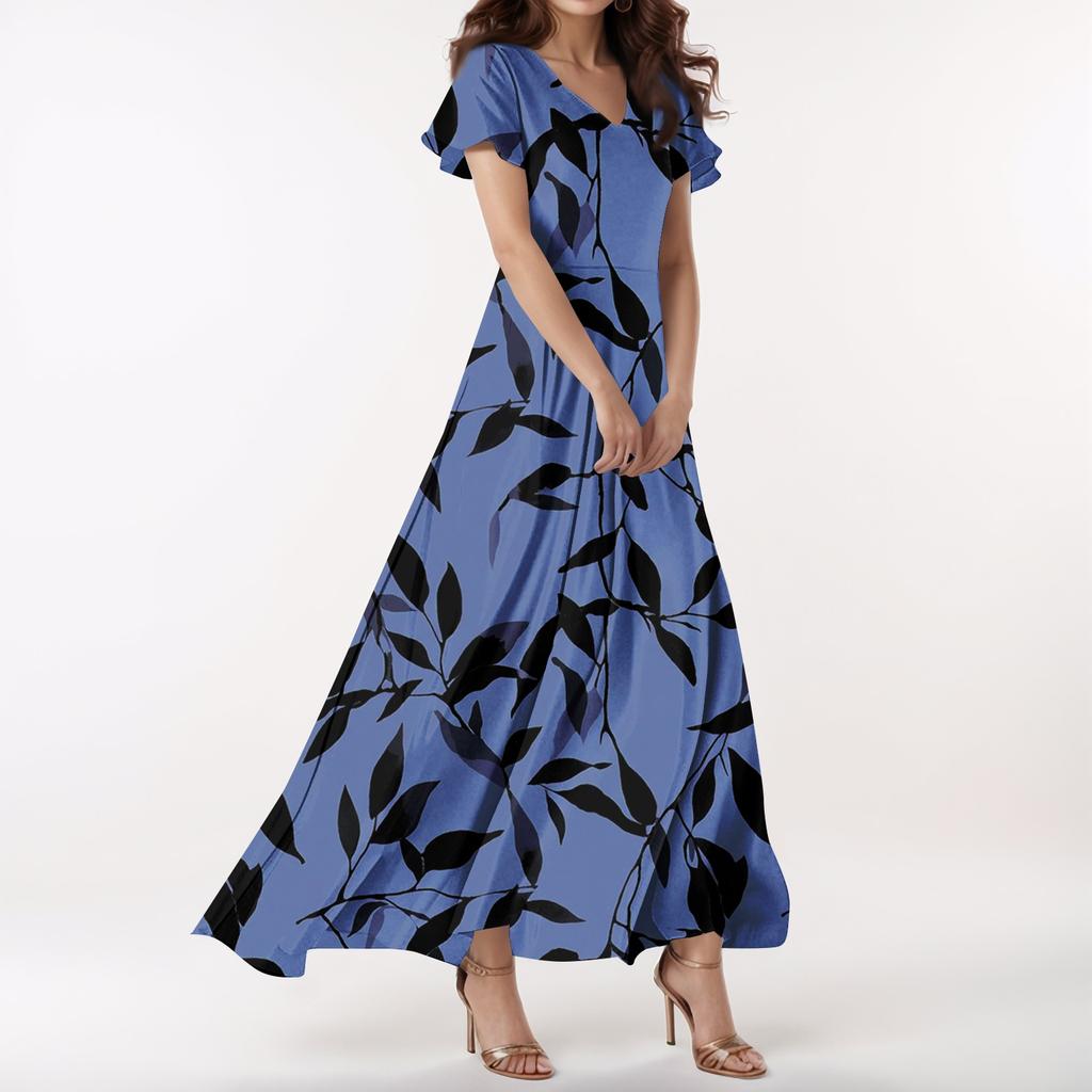 Lässiges Damenkleid mit V-Ausschnitt, kurzen Ärmeln und hoher Taille, Retro-Blumenblatt-Print