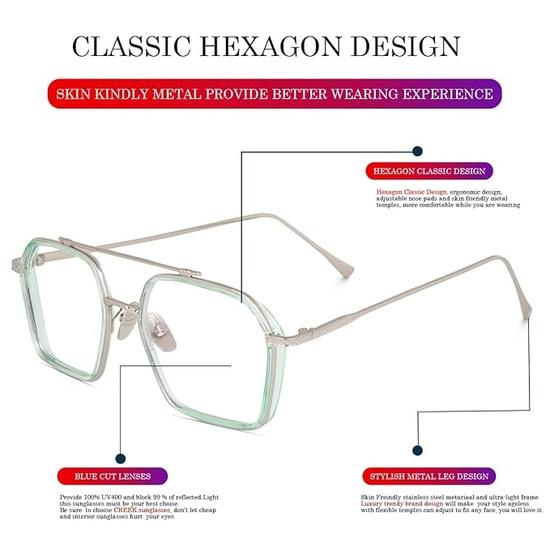 Brýle s blokováním modrého světla Dervin Herní filtr Transparentní šestiúhelníkové brýle pro ochranu očí, počítač/tablet/laptop/mobil/televize