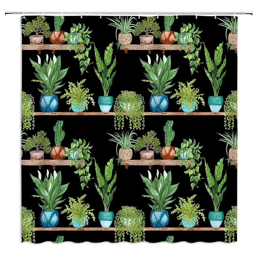 Tropical Greenery Shower Curtain Succulent Cactus Palm Pineapple Tropical Fruit Cat Bathroom Decoration Shower Curtain With Hook