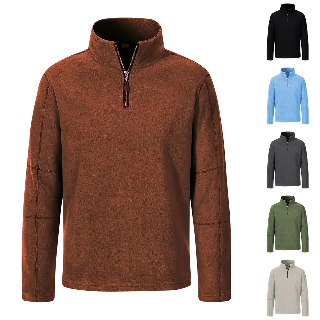Men's Winter Solid Color Fleece Sweatshirt Men's Casual Half Zipper Stand Collar Sweatshirt