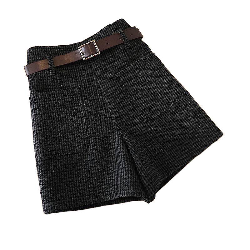 Pantaloni scurți A-line din lână cu picior de cocoș cu talie înaltă în stil coreean - Modă versatilă de iarnă pentru femei