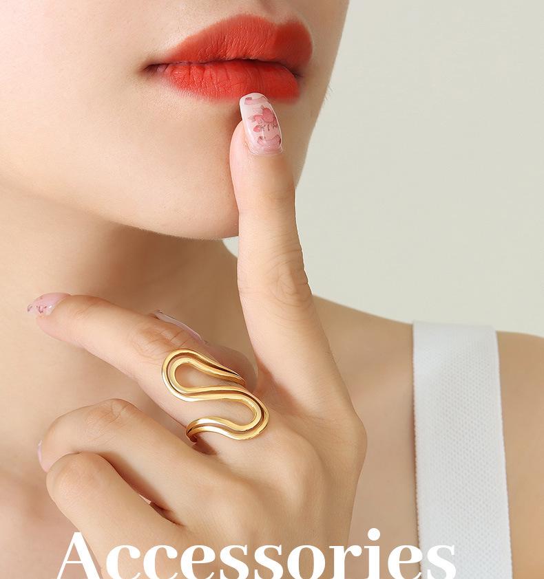 Elegant Handmade S-Shaped Open Ring for Women, Titanium Steel with 18K Gold Plating – Trendy European & American Autumn/Winter Style