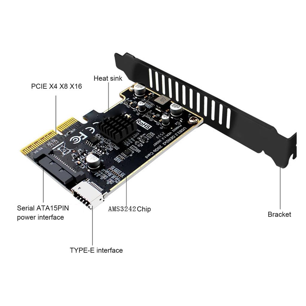 Acogedor PH6602 PCIe To USB 3.2 Gen 2x2 Expansion Card, 20Gbps Type E Key A Front Header Adapter, ASM3242 Chip 15Pin Powered Internal Type C