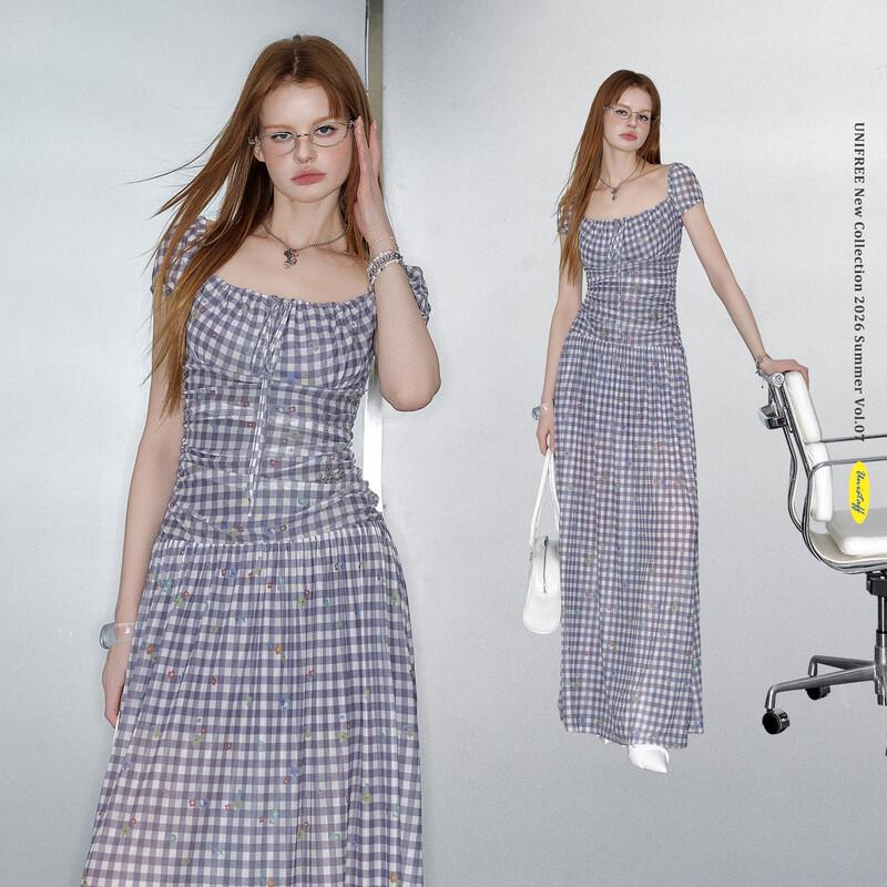UNIFREE French Retro Floral Plaid Square Neck Long Dress