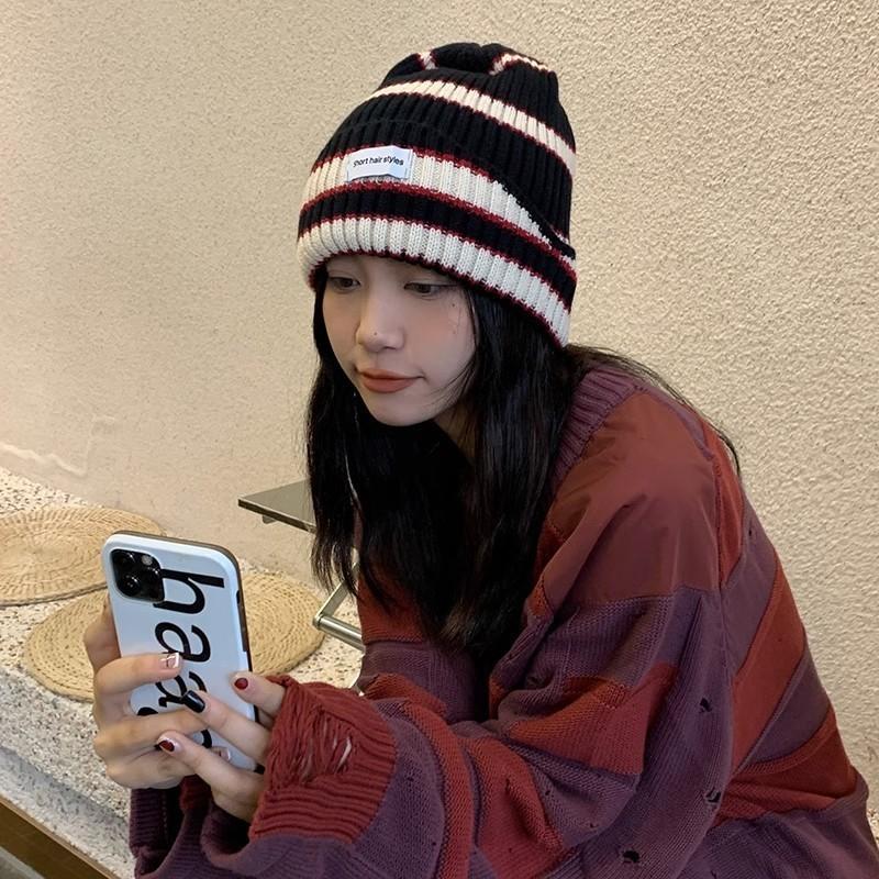 Hat Style Versatile Minimalist Retro Stripes Womens Warm Hatsbeanie Knitted