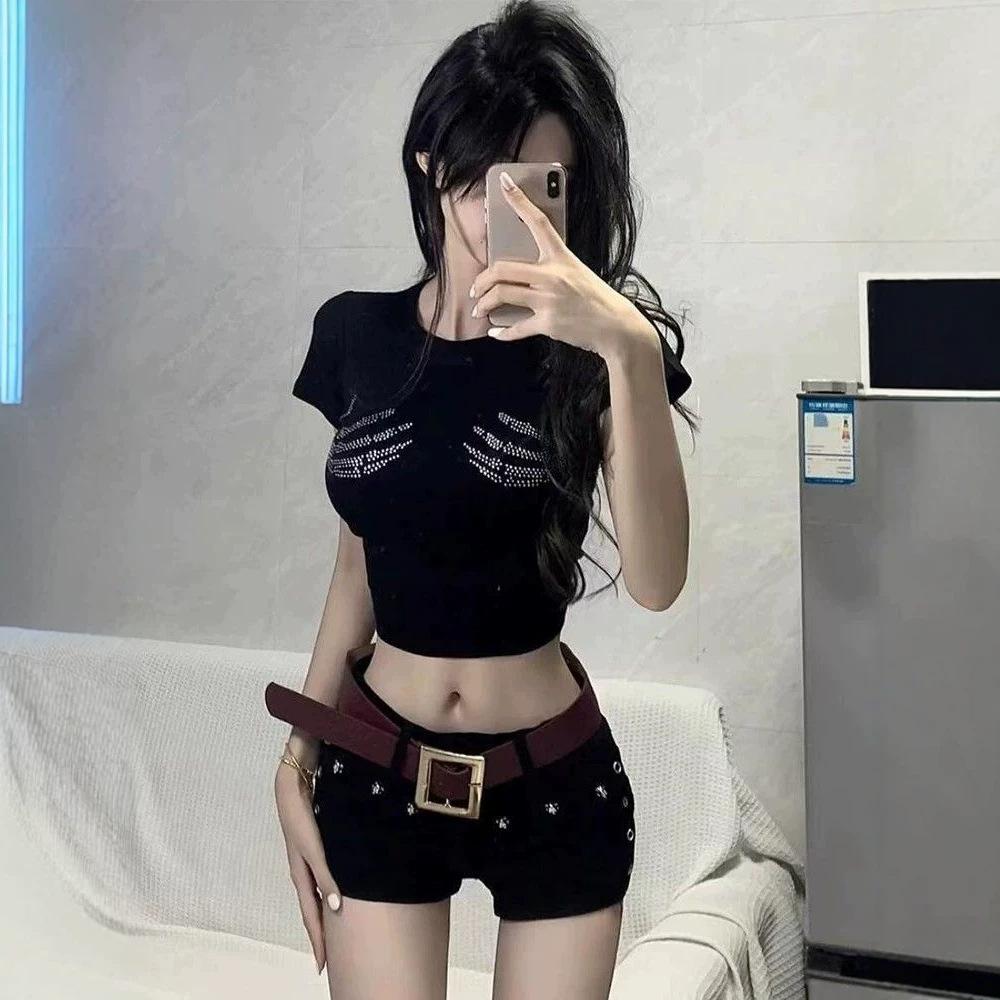 American High Street Demon Claw Hot Diamond Short Sleeve T-Shirt Women's Summer New Design Slim Navel Versatile Short Top