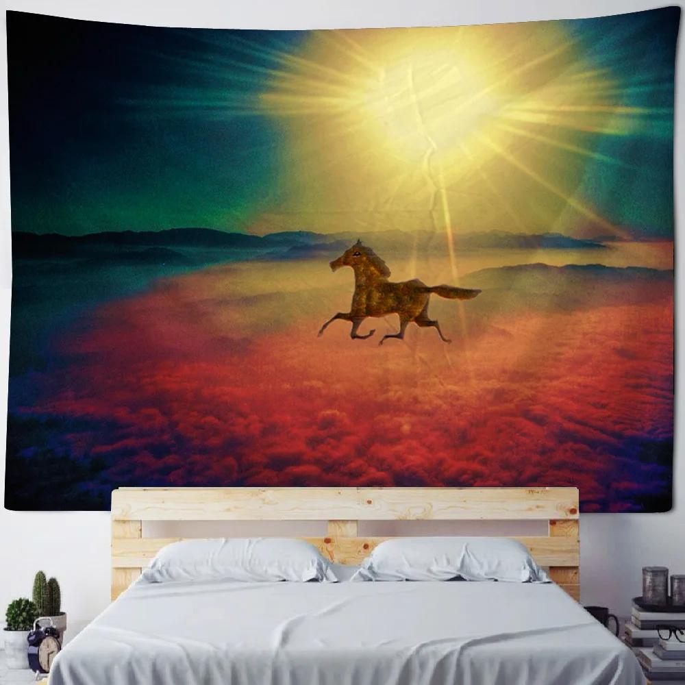 Unicorn Forest Art Tapestry Wall Hanging Starry Sky Horse Background Poster - Cartoon Home Decor Bed Sheet & Beach Mat