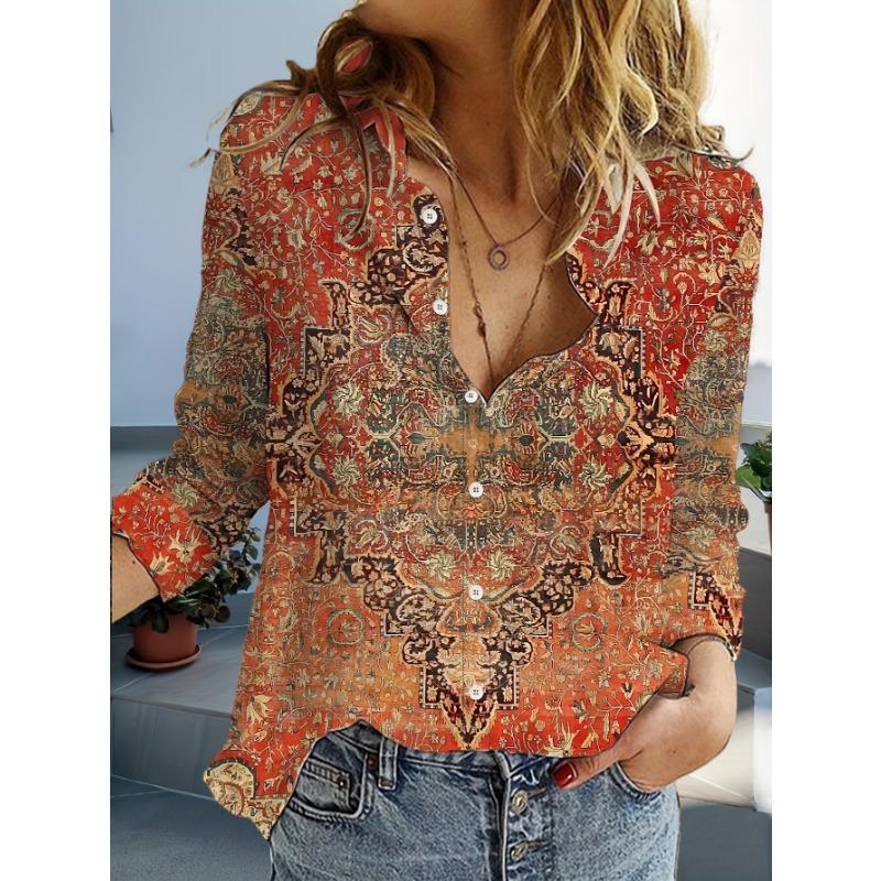 Women's Casual Unique Pattern Design Blouse Lapel Neck Blouse Women Long Sleeve Shirts Womens Clothing Female Clothing
