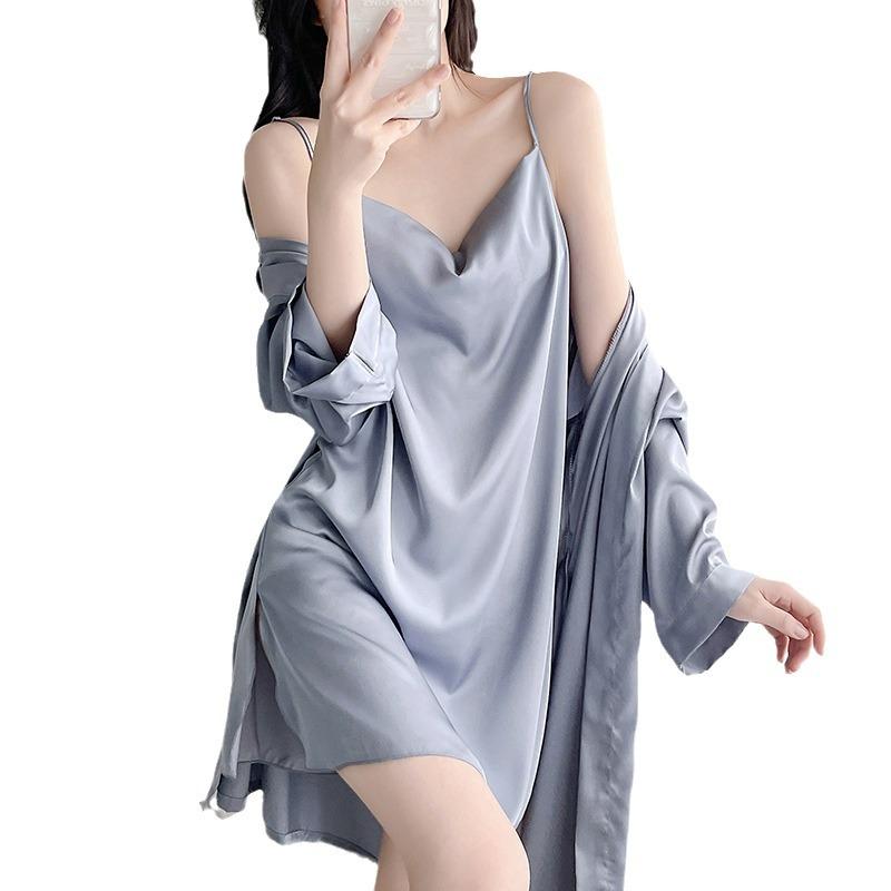 Pajamas Female Spring and Fall Thin Section of Ice Silk Long-sleeved Robe Sexy V-neck Nightgown Set