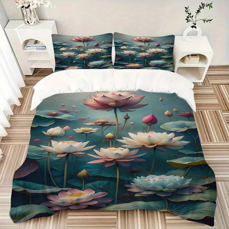 3pcs Lotus Pond Soft Comfortable Bedding set, For Bedroom, Guest Room And Dorm, All - Season Use, High-Definition Printing149