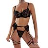 Womens Sheer Lace Bodysuit Set With Garter Belt Thigh Rings
