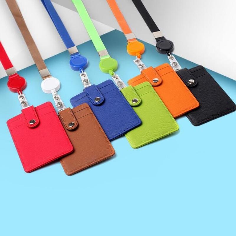 PU-Leder-Ausweishalter mit ausziehbarem Lanyard, Kartenhalter, Namensschild, Schul- und Bürobedarf
