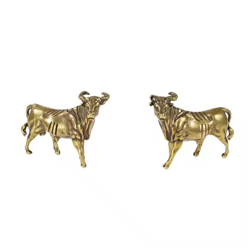 1 Pair Solid Brass Ox Sculpture Zodiac Desktop Decor Handmade Copper Art Collectible Gold Plated Lucky Charm for Christmas