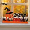 Creative Festival Table Signs Wooden Halloween Ornament, Trick or Treat/Boo/Happy Desktop Decoration Decorative Wood Lettering with Ghost Wizard