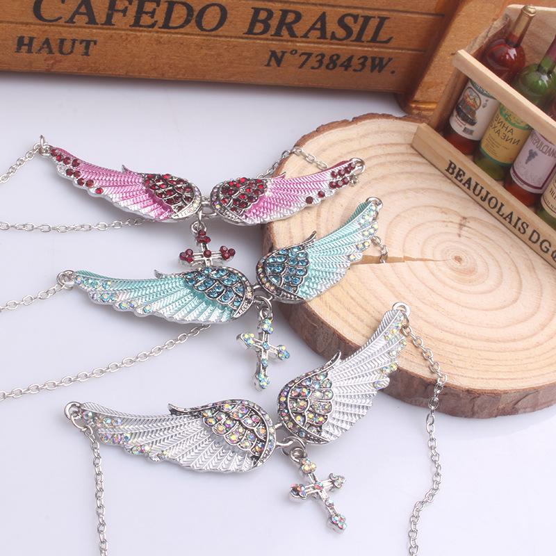 Fashion Blue White Pink Charm Crystal Angel Wings Cross Pendant Necklace Shellhard Vintage Jewelry For Women Bridal Wedding Gift