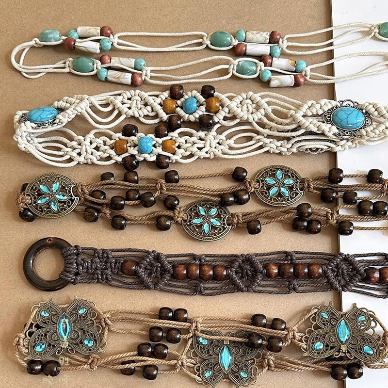 Bohemian Style Butterfly Blue Water Diamond Waist Woven Handmade Wooden Bead Belts Y2K Retro Belt Waist Chain Accessory Skirt