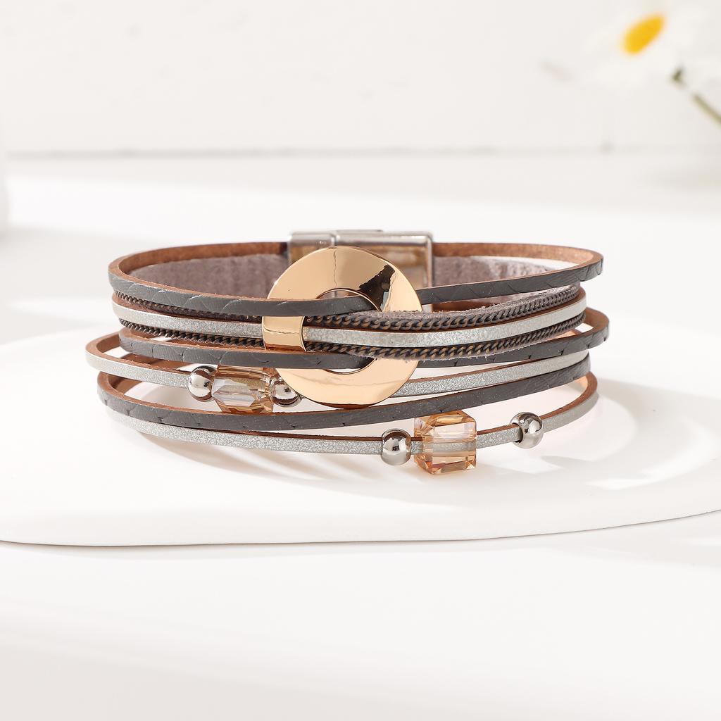 Leder Armreif Mehrschichtig PU-Leder Böhmischer Stil Geometrisches Armband für Damen