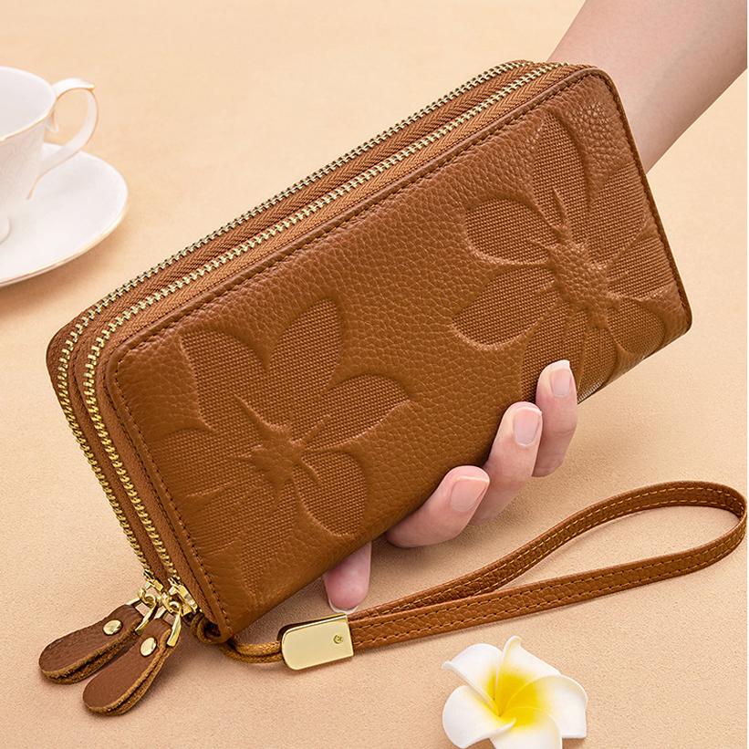 Женский кошелек-клатч из натуральной кожи с RFID-защитой, двойной молнией, тиснением «ли Чи», для телефона, стильная сумка-клатч из кожи с принтом для повседневного использования коричневый