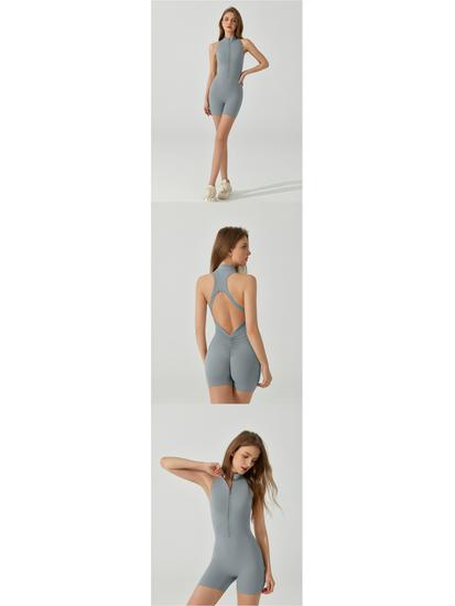 European & American Sports Yoga Bodysuit with Zipper, Open Back, Peach Butt, Double-Sided Brushed Fabric, Shapewear & Bra Pads