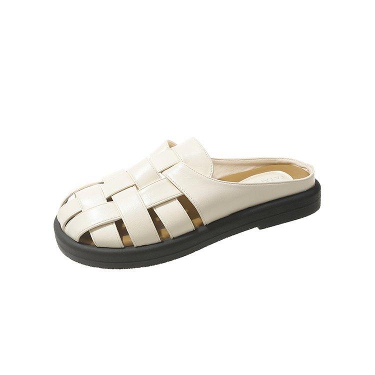 Leather bag head half slippers women's summer wear 2025 new retro woven hollow thick sole one pedal lazy shoes