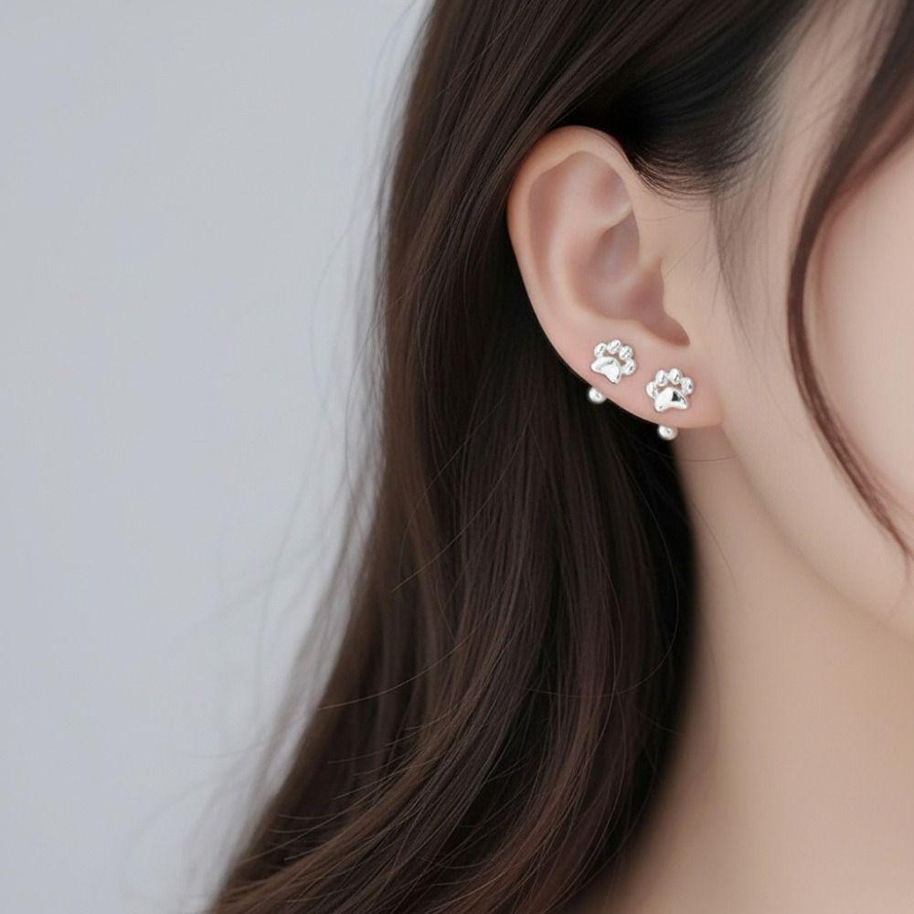 Silver Cat Earrings Korean Style Cat Paw Earrings Kitten Stud Earrings  Ear Accessories