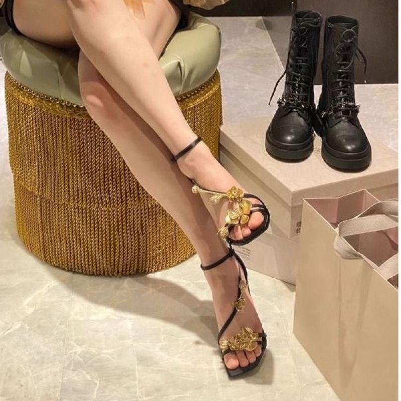 Steg för steg! Fransk kändisstils bankett enordsspänne sandaler fyrkantig tå guld ros högklackade dams stilett