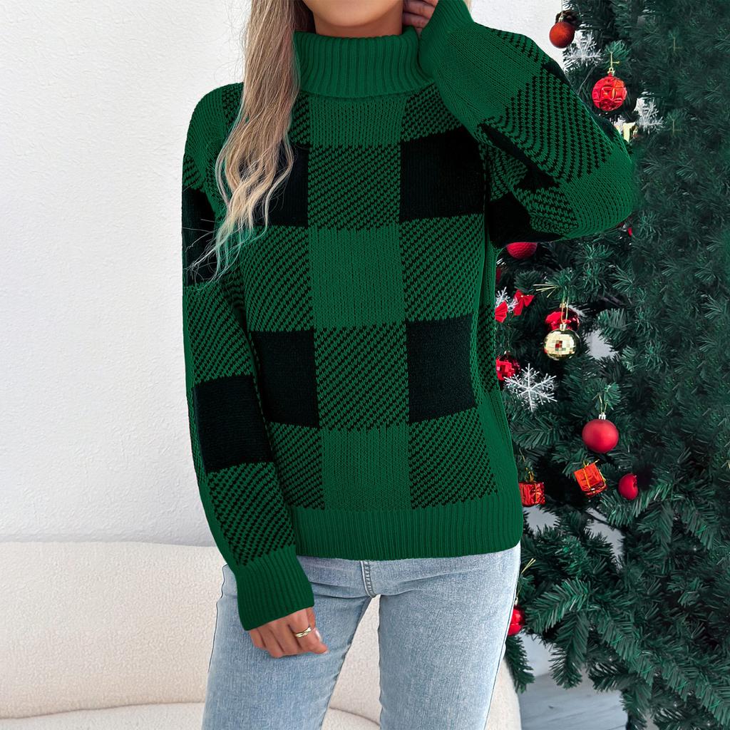 Women's Christmas Casual Color Block Plaid Long-Sleeved Turtleneck Sweater