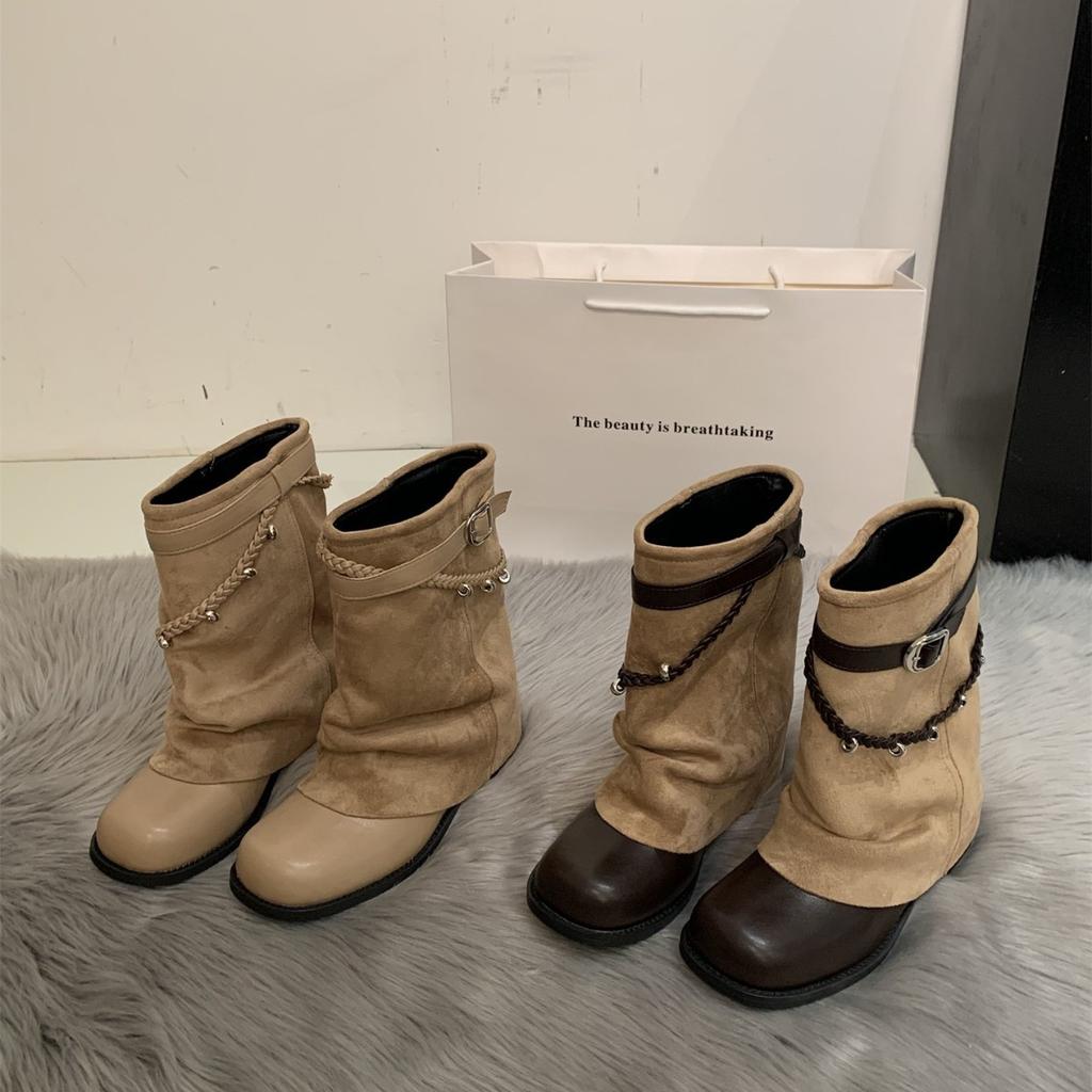 Skinny Martin boots women's spring new flat-bottomed huge-looking stacked pants tube boots suede belt buckle cigarette tube short boots