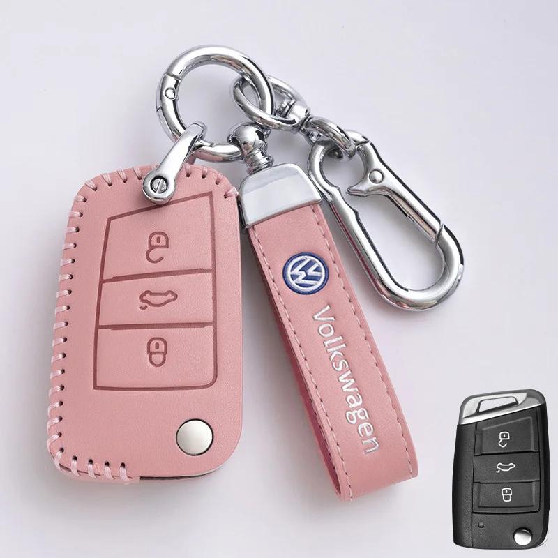 Valve Stems Caps For VOLKSWAGEN VW Leather Car Remote Key Case Cover Protection Holder Shell Fob For VW Volkswagen Golf 7 MK7 Ti RC6