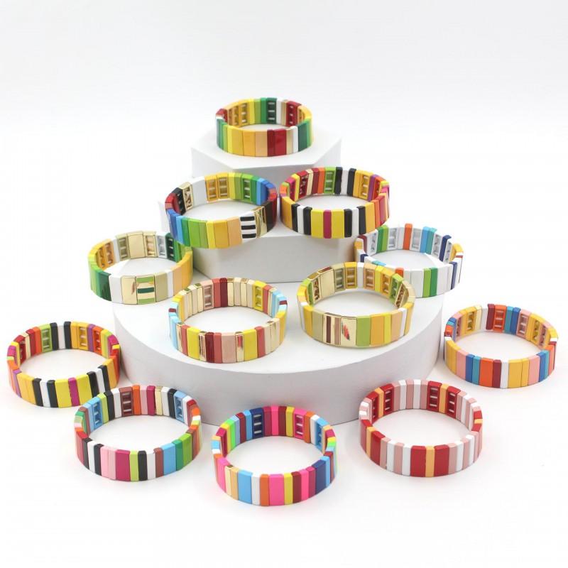 Geometric Enamel Bracelet With Rainbow Beads Multi-Layer Stackable Alloy Bangle Couples Unisex Jewelry
