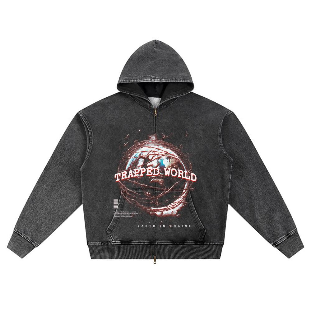 DTG Print Knitted Denim Zip-Up Hoodie Trapped World Brother Print Zipper Hoodies
