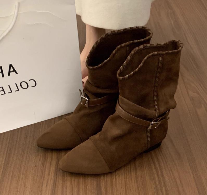 

Ретро матовая кожа острый носок плиссированные ботильоны 2025 новые одинарные ботинки внутренняя высота увеличение короткие западные ковбойские сапоги женские 40 коричневый