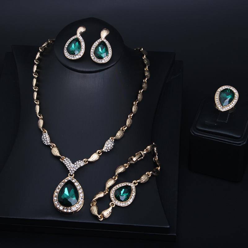 C222 Simple Wedding Banquet Alloy Rhinestone Jewelry Necklace Earrings Ring Bracelet Four-Piece Set Hot Sale