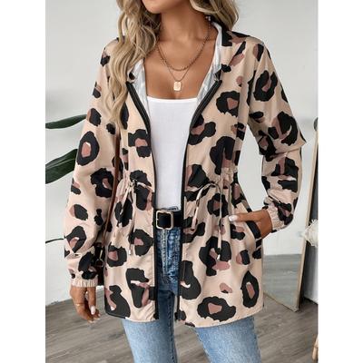 Kadın Günlük Leopar Desenli Fermuarlı Ceket - %100 Polyester Kapüşonlu Midi Boy Uzun Kollu İlkbahar/Sonbahar İçin