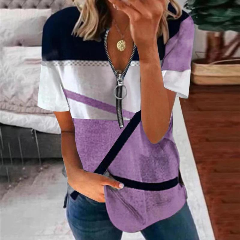 Summer Striped Printed Plus Size T Shirt Women Vintage Short Sleeve Zipper V-neck Casual T-shirt Woman Loose Office Lady Basic Tee Tops 25118