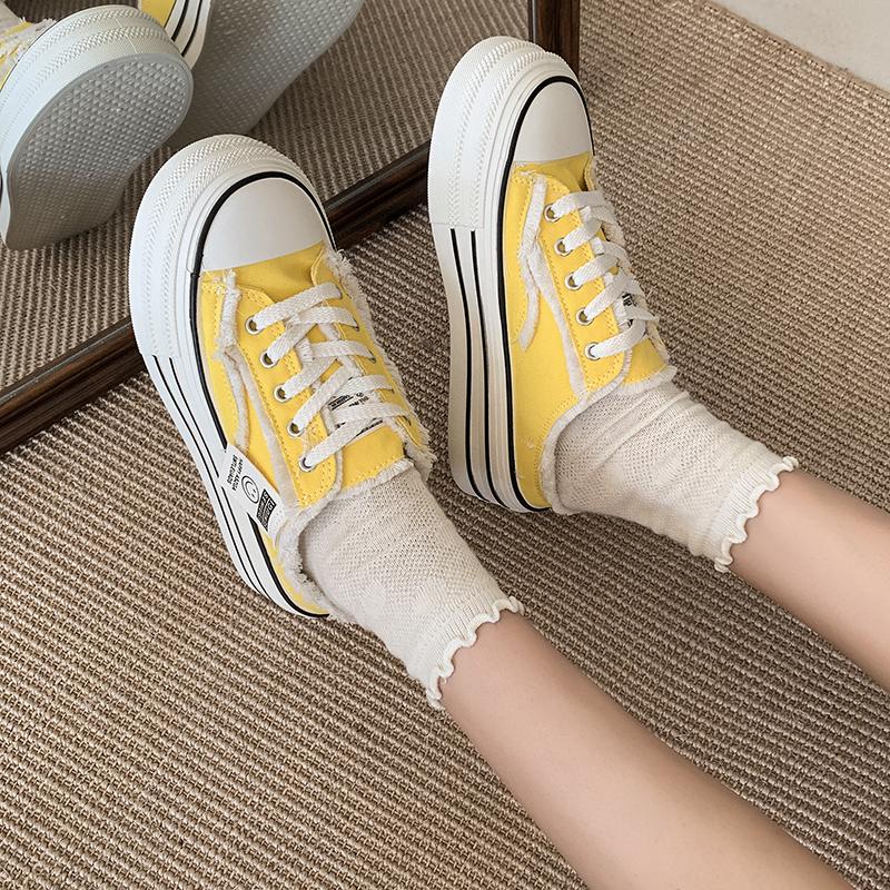 2025 Summer New Thick-sole Slippers Fashion Casual Lace-up Women's Sandals Canvas Low-top Sneakers Flat Semi-vulcanized Shoes