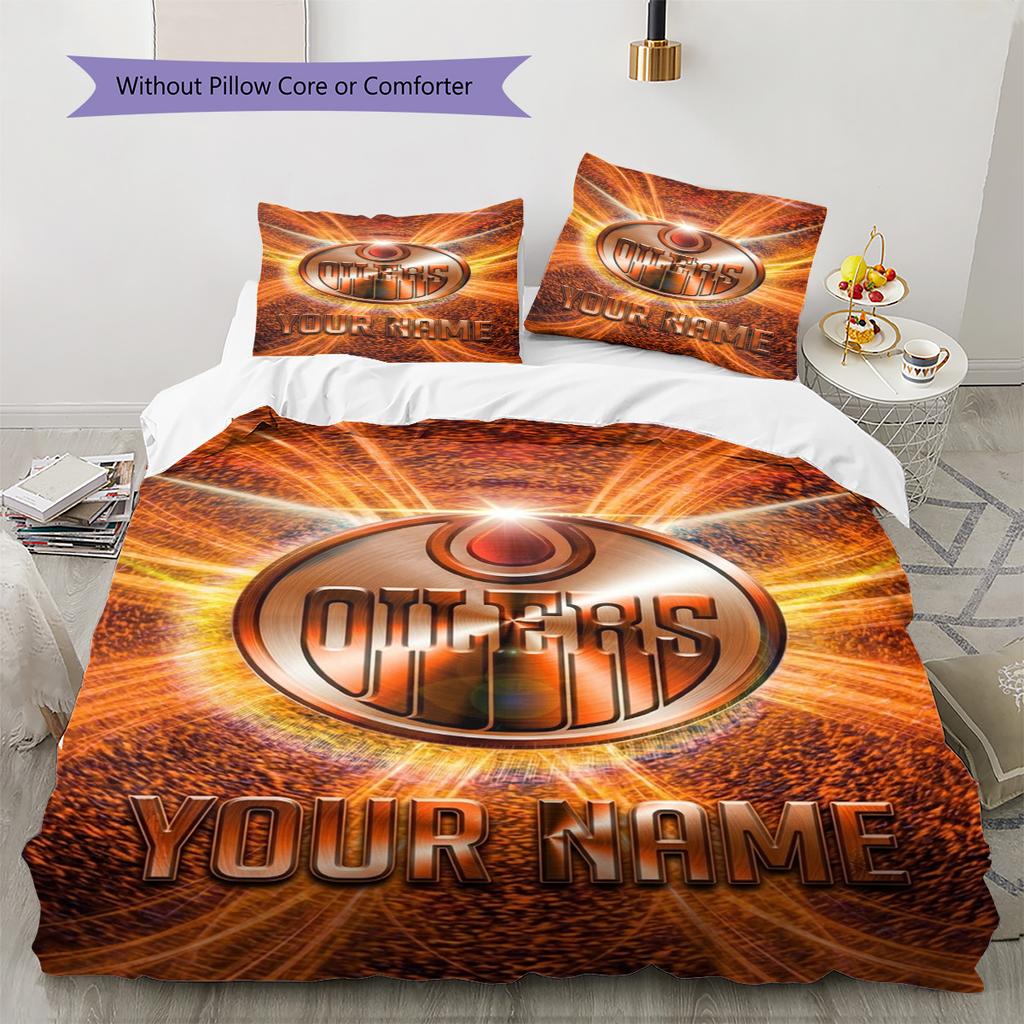 Name Custom Edmonton Oilers Logo Pattern Bedding Set Quilt Cover Pillowcase Home Decor Gift (1 * Duvet Cover + 2 * Pillowcase, Without Core)