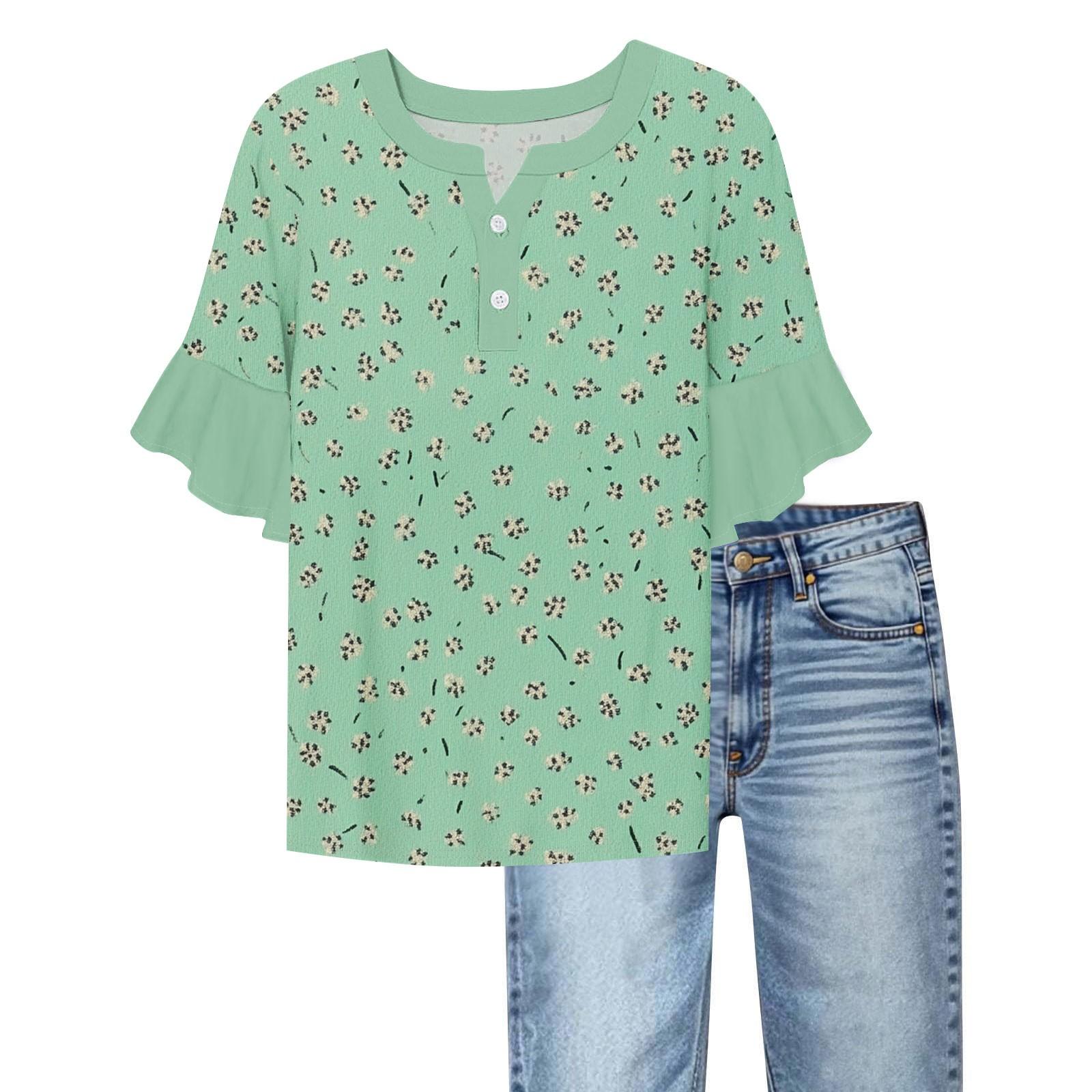 Women s Casual Fashion V-neck Ruffled Sleeves Loose Versatile Color Short Sleeves M зелёный