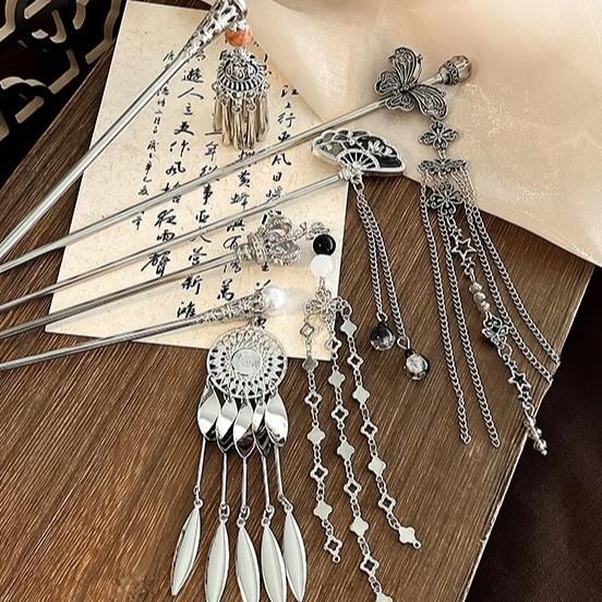Elegant Women's Hairpin Antique Silver Butterfly Tassel Hair Stick Vintage Chinese Style Metal Jewelry Hair Accessories Hairpins