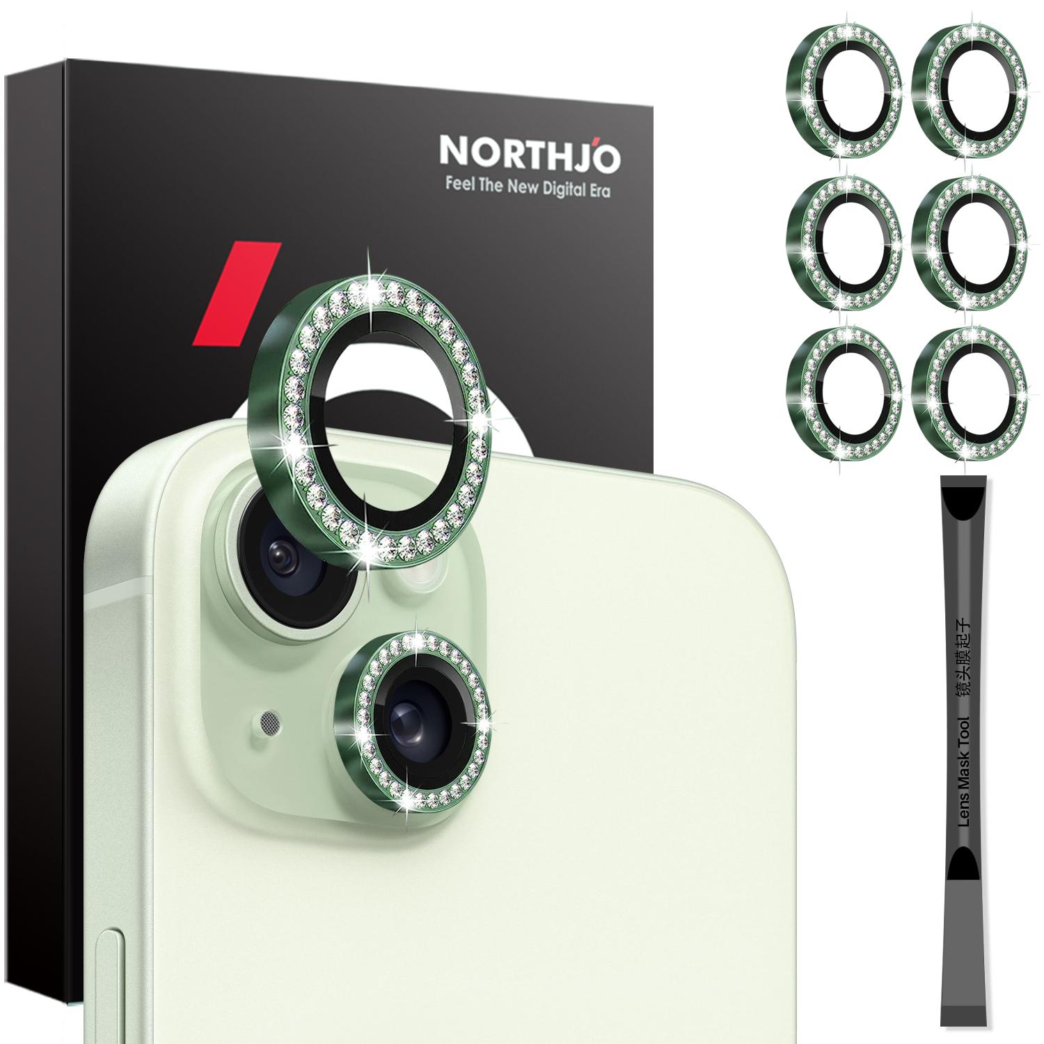 

NORTHJO 3 Sets for iPhone 15/15 Plus/14/14 Plus Lens Protector Rhinestone Decor Metal+Tempered Glass Lens Film Green