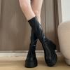Damen Frühjahrs- und Herbstmodelle Weiche Oberfläche Muffinsohle Runde Spitze Mittelhoch Absatz Damenstiefel Dicke Sohle Elastisch Dünn Höhe Erhöhende Stiefel