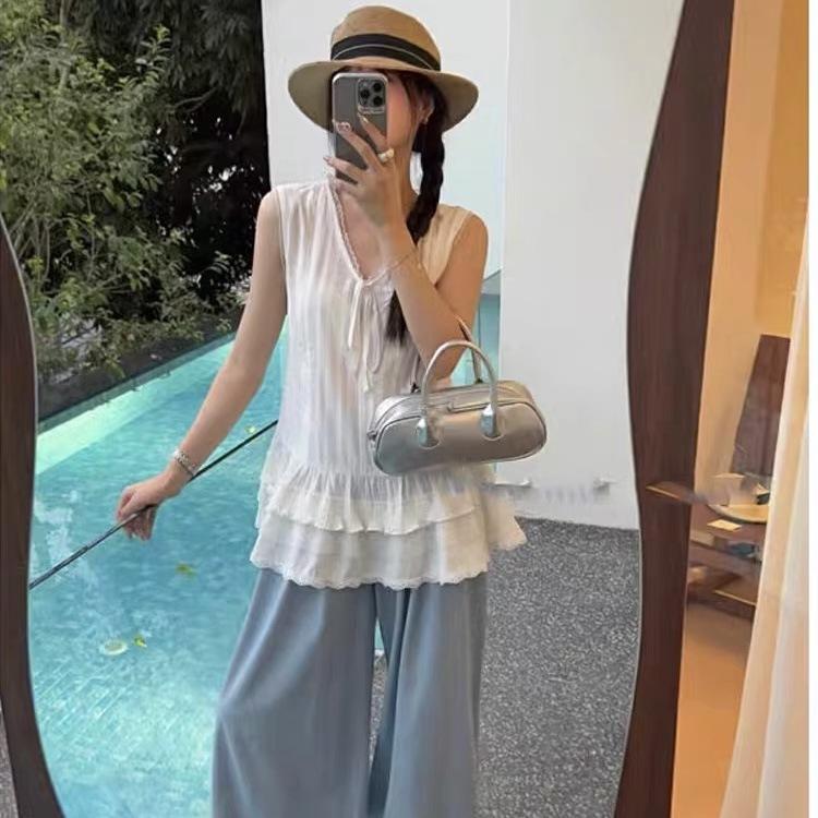Stacked Sleeveless Vest Skirt Women's Summer French Babes Bow Lace Edge Suspender Base White Inner Top