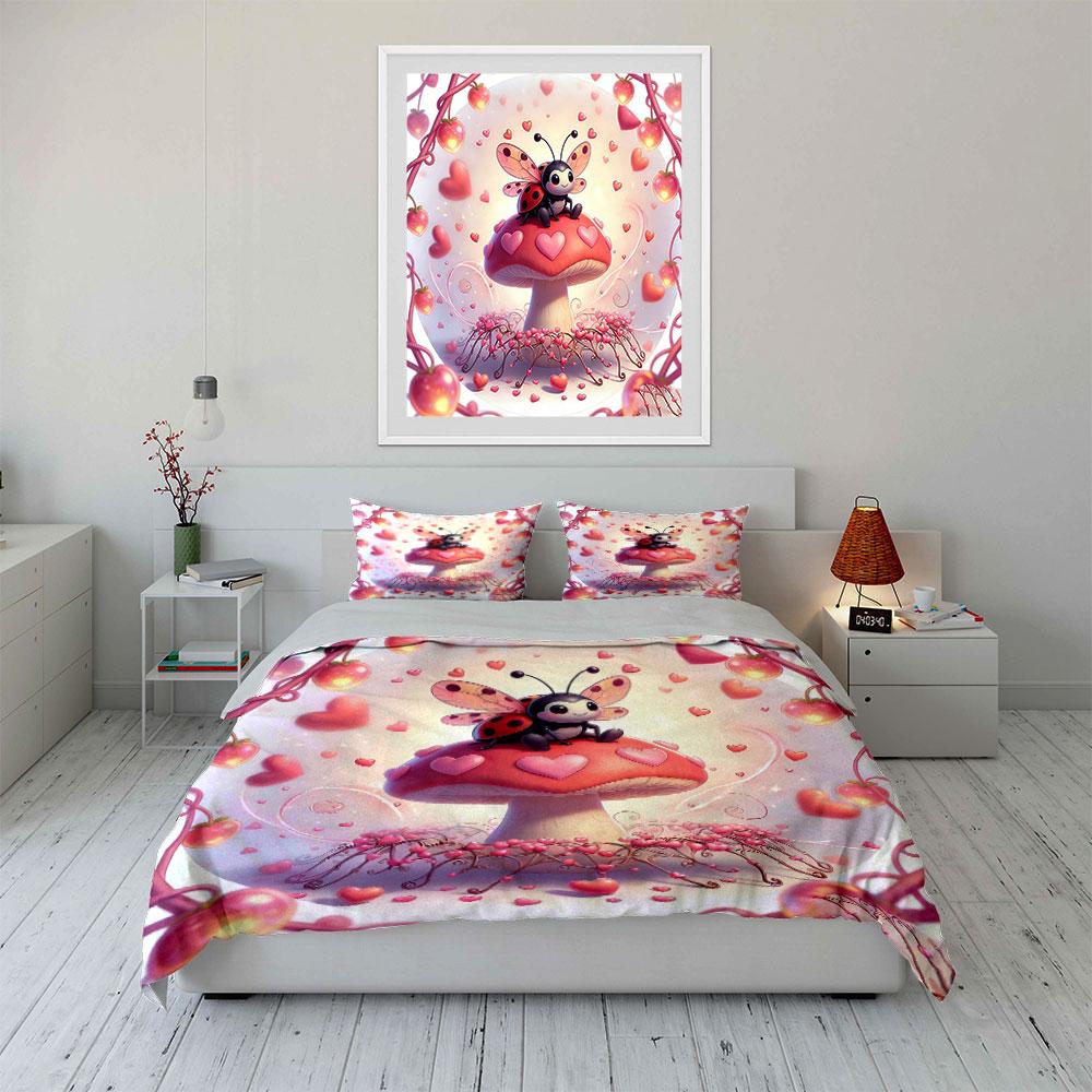 Ladybug Mushroom Romantic Decor Set Soft Comfortable Duvet Cover Bedding Set Included 1*Duvet Cover & 2*Pillowcases, Gift