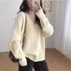 Lazy v-neck pit strip autumn and winter new loose design sense knitted pullover sweater women wear simple large size outside wear