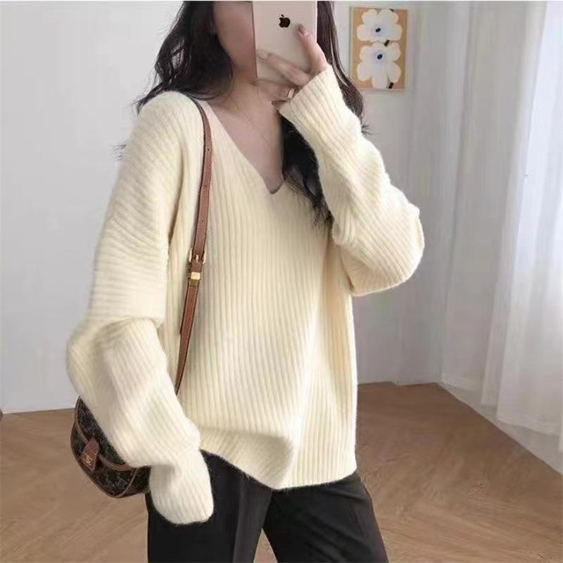 Lazy V-neck Pit Strip Autumn and Winter New Loose Design Sense Knitted Pullover Sweater Women Wear Simple Large Size Outside Wear