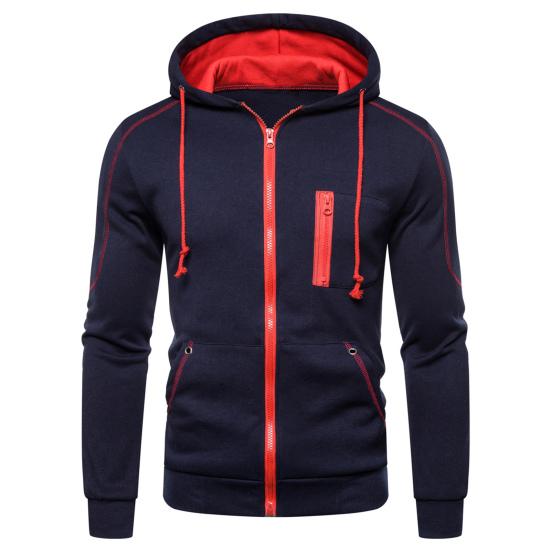 Contrast Colors Hoodie Coat Cardigan Thick Casual Long Sleeve Zipper Men Coat for Daily Wear