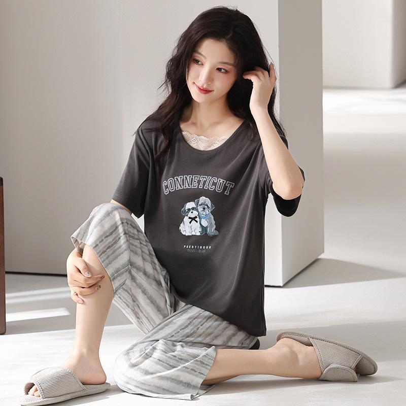 Pajamas women's summer thin Modal cotton short-sleeved cropped pants 1011 new floral loungewear cotton and silk suit