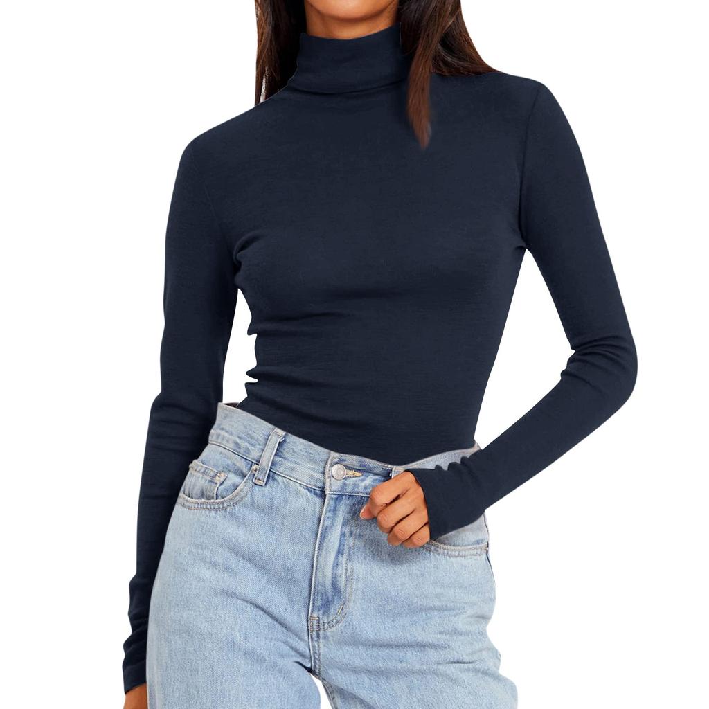 Women's Turtleneck Long Sleeve Shirts Solid Color Fall Fashion Basic Slim Fit Soft Thermal Tops