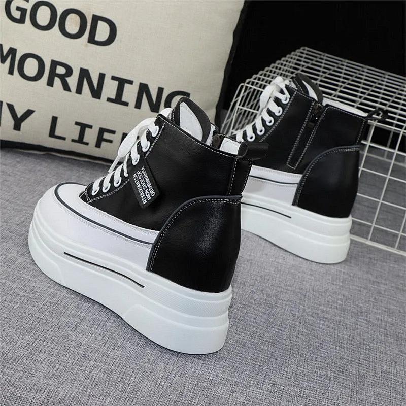 Leather Thick-soled High-top Women's Shoes 2025 Autumn Winter New Fashionable Zipper Height Increased 8cm Casual Sneakers Shoes