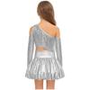 Meisjes Performance Outfit Metallic Glanzend Cold Shoulder Crop Top Lange Mouwen Kwastjes Design Feest Bellenrok